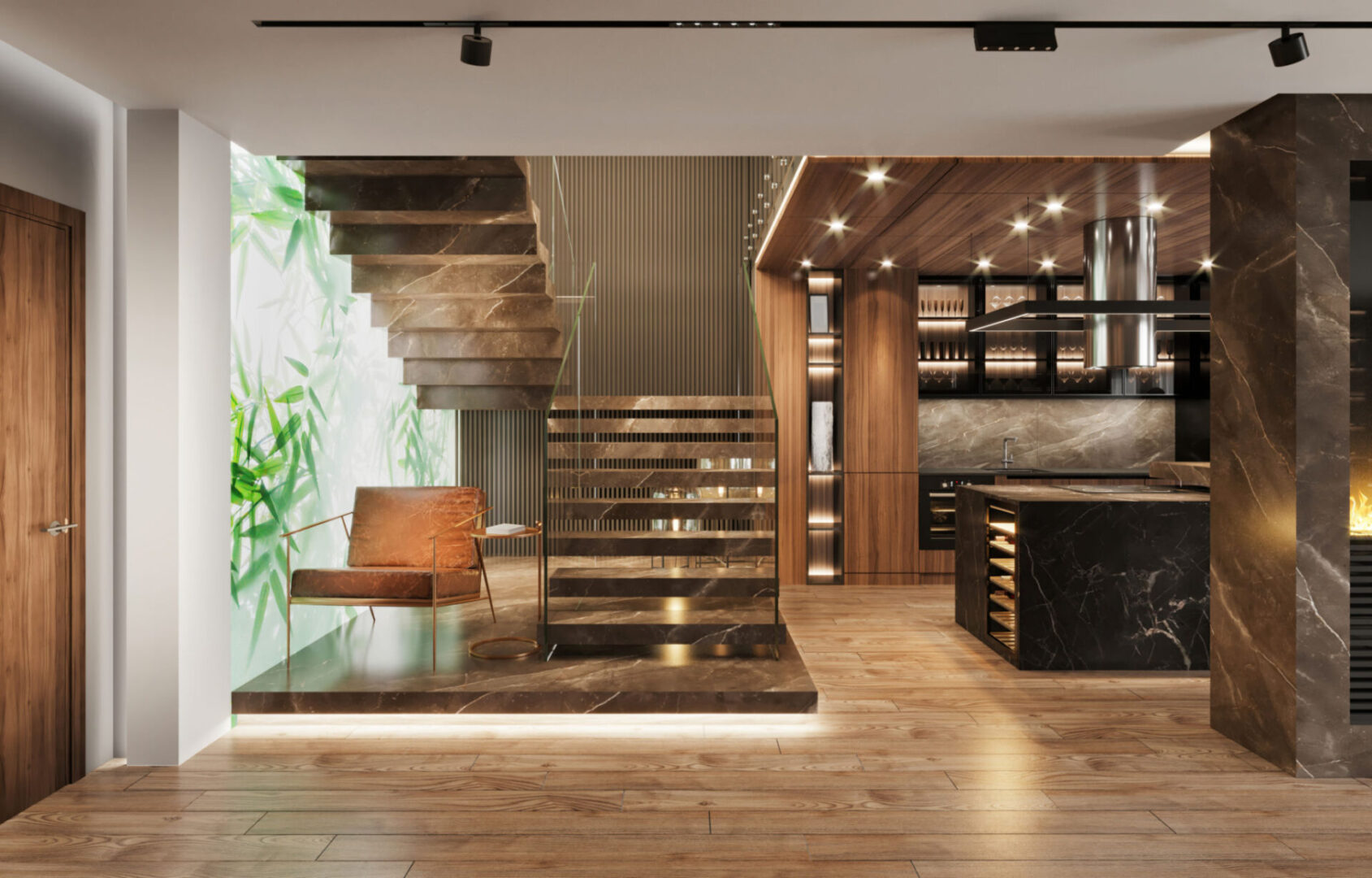 Modern interior with wooden staircase and kitchen