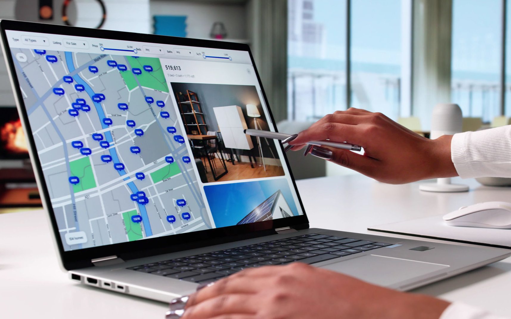 Interactive map and property images on screen