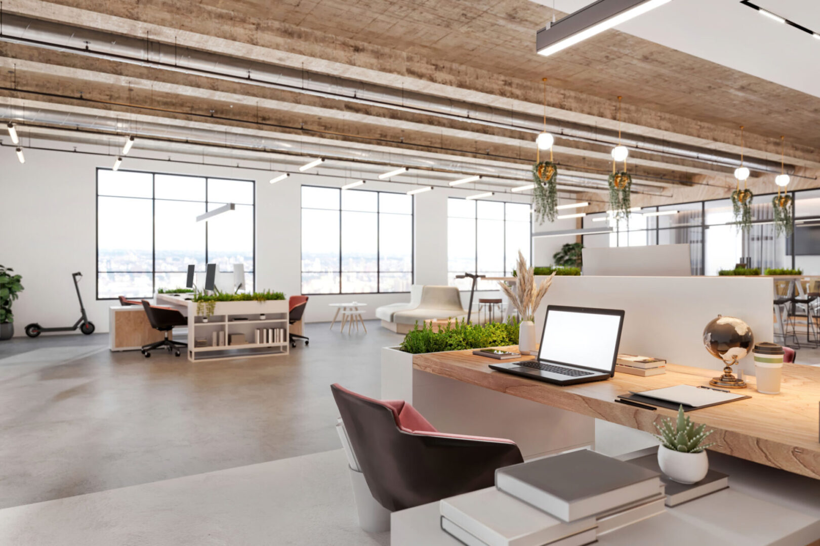 Contemporary office interior design with desks