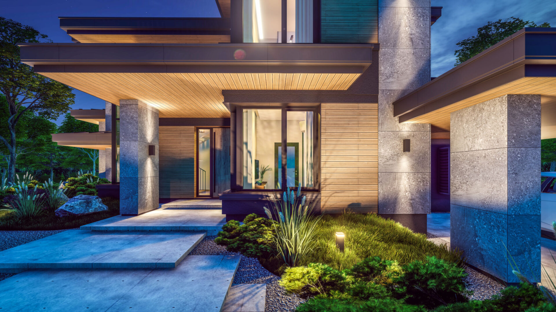 Modern house exterior with evening lighting